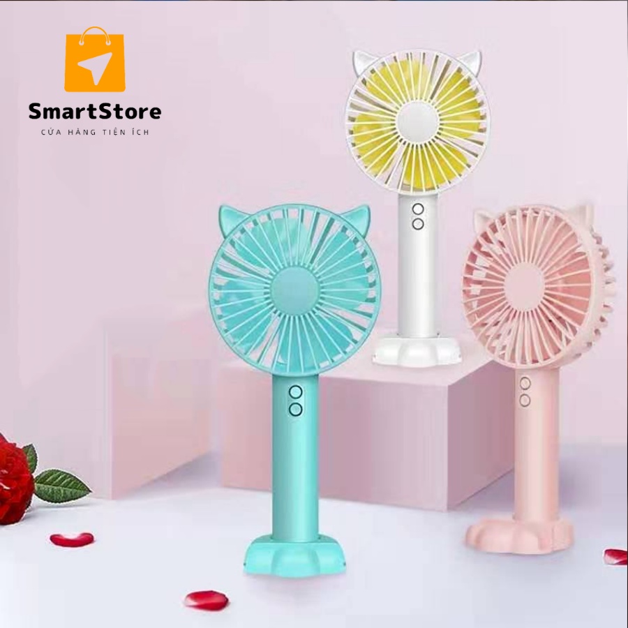 Quạt tai mèo cầm tay mini dễ thương 3 tốc độ gió cao cấp có đèn kiêm giá đỡ điện thoại