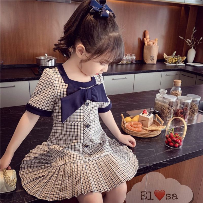 Váy bé gái mùa hè | Đầm caro tiểu thư phối nơ dễ thương cho bé gái từ 3 tuổi tới 10 tuổi