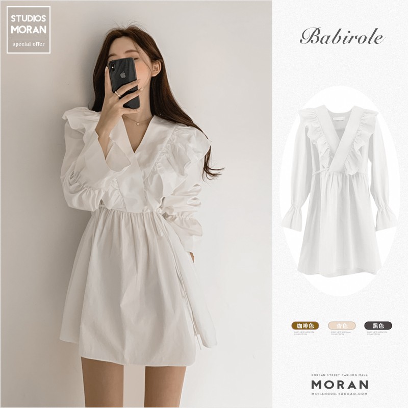 (ORDER,sẵn Trắng,đen S) Váy dài tay MORAN thắt eo cổ V phối viền bèo vai kiểu Pháp style retro sang trọng