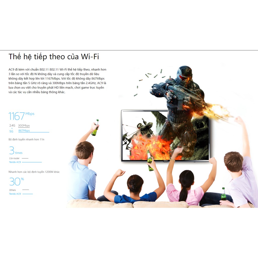 Bộ phát wifi router wifi Tenda AC9 chuẩn AC1200 Lan Gigabit hỗ trợ IPTV chịu tải 30 máy | BigBuy360 - bigbuy360.vn