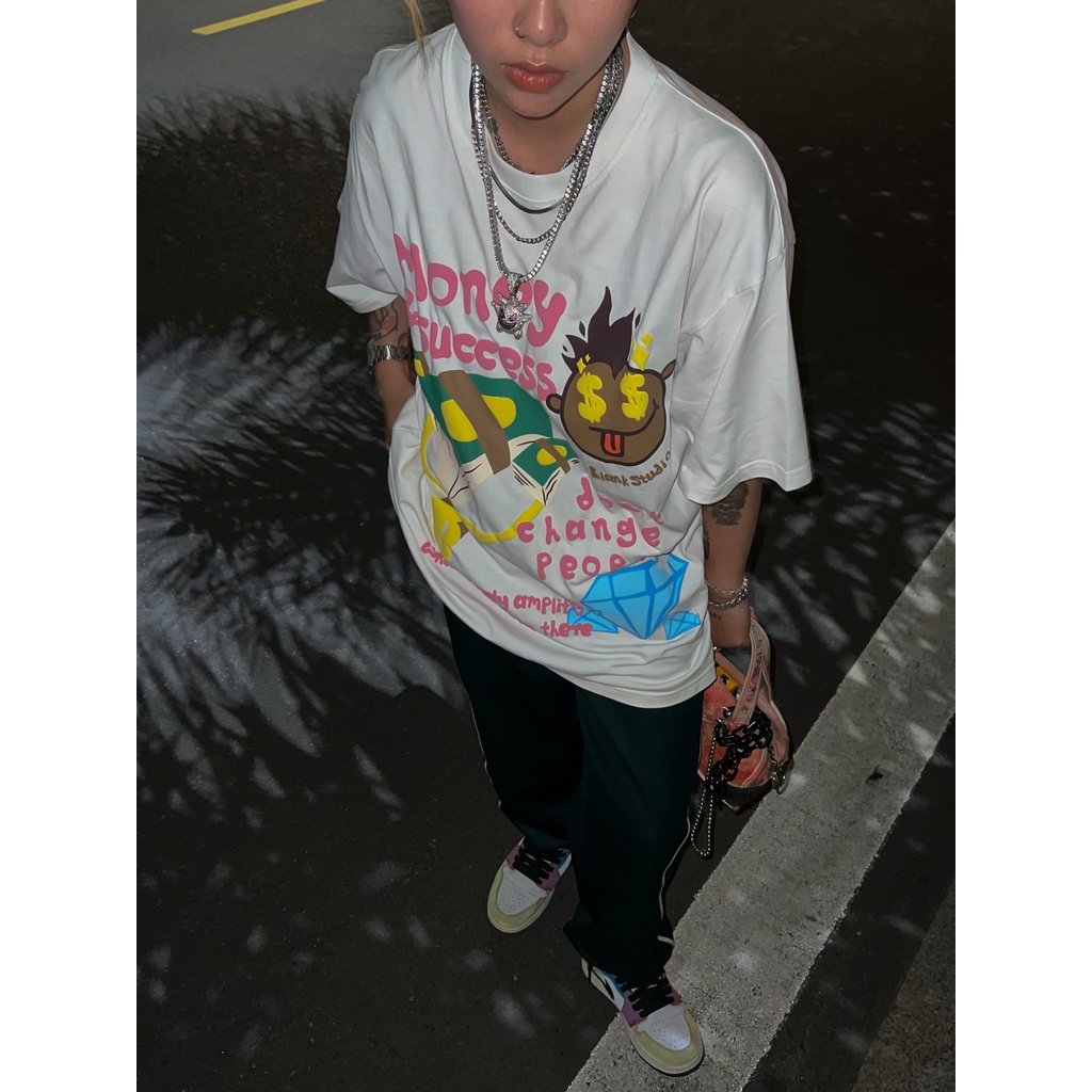 BLANK | Áo Thun Money &amp; Success Tay Lỡ Unisex - Đen/Trắng Cổ Tròn