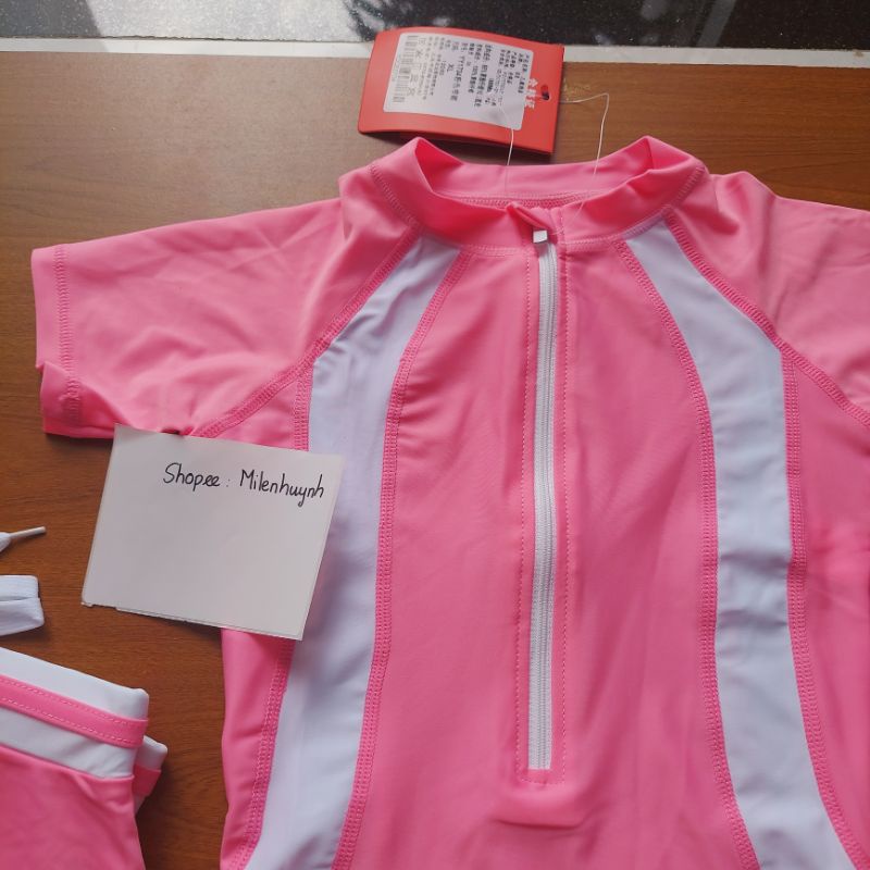 Đồ bơi cho bé gái 10-45kg gồm áo bơi liền thân và quần váy rời màu xanh sọc hồng, màu hồng sọc trắng dễ thương cho bé