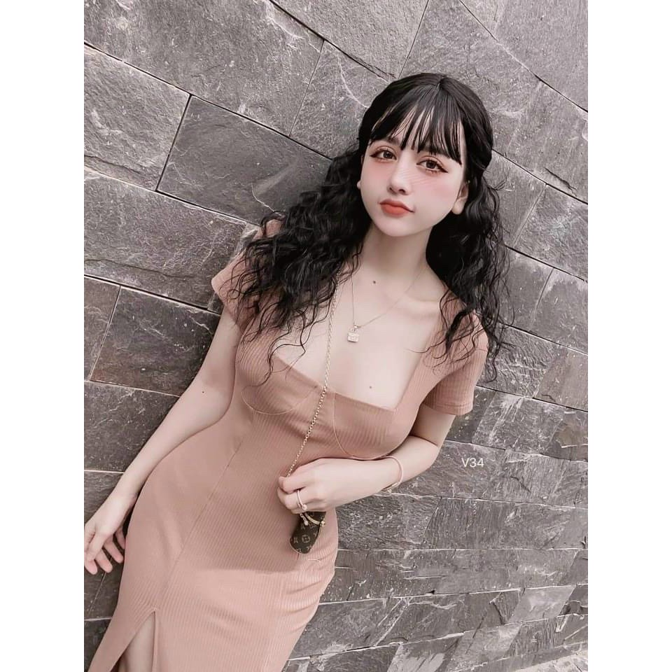Đầm body xẻ tà cổ vuông cực tôn dáng, váy dáng dài chất thun gân co giãn tốt, phù hợp diện mọi hoàn cảnh | BigBuy360 - bigbuy360.vn