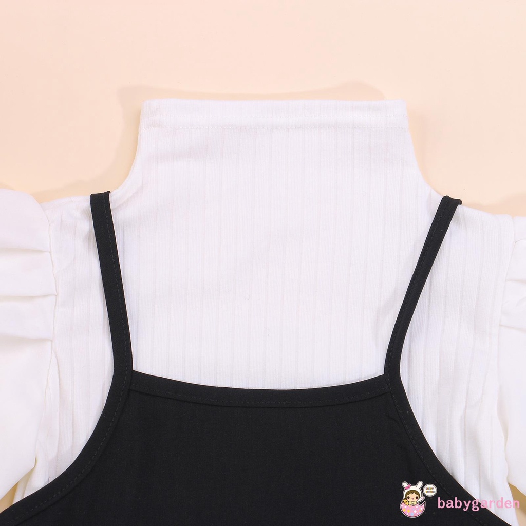 Bộ áo tay phồng dài màu trơn + đầm hai dây thoải mái cho bé gái 1-6 tuổi