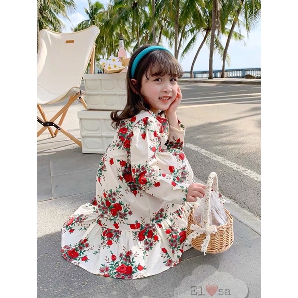 Váy đầm hoa hồng tươi mới dài tay cho bé gái