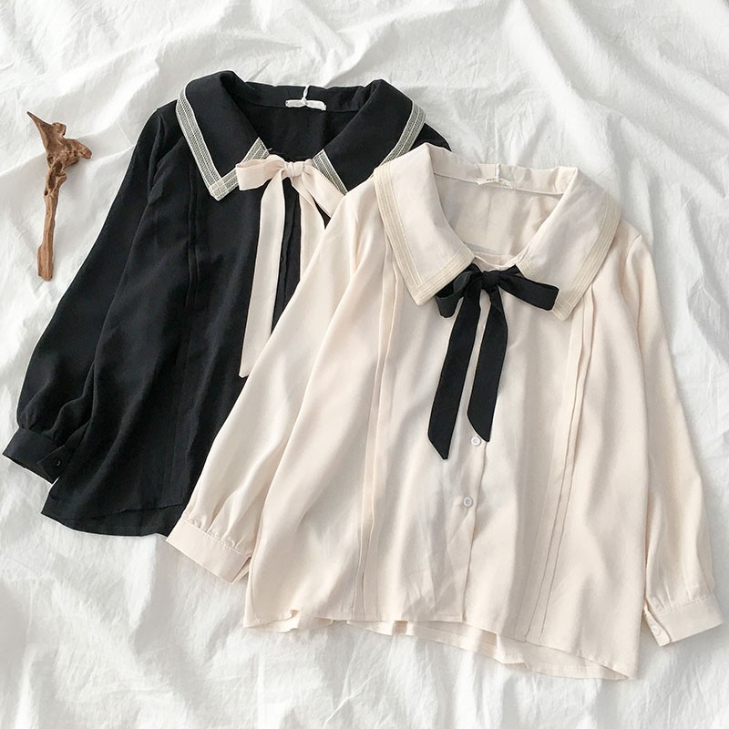 Áo sơ mi cổ nơ dài tay dáng rộng ulzzang 3906