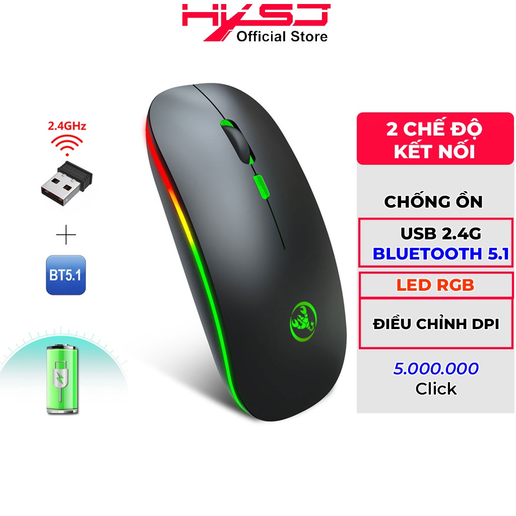 Chuột ko dây Bluetooth HXSJ T18 wireless 2.4GHz tự sạc pin ko tiếng click chuyên dùng cho Laptop Laptop táo,PC,Tivi