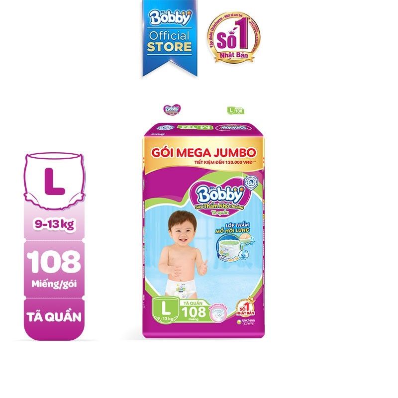 Tã quần bobby gói Mega Jumbo M124/L108/XL96/XXL88/M120/L104