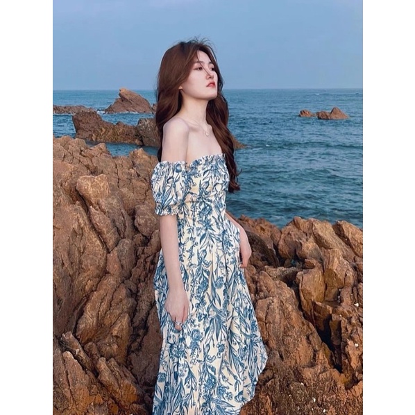 Đầm hoa trễ vai đi biển mùa hè phong cách ngọt ngào quyến rũ thời trang nữ hebe's MSP C54