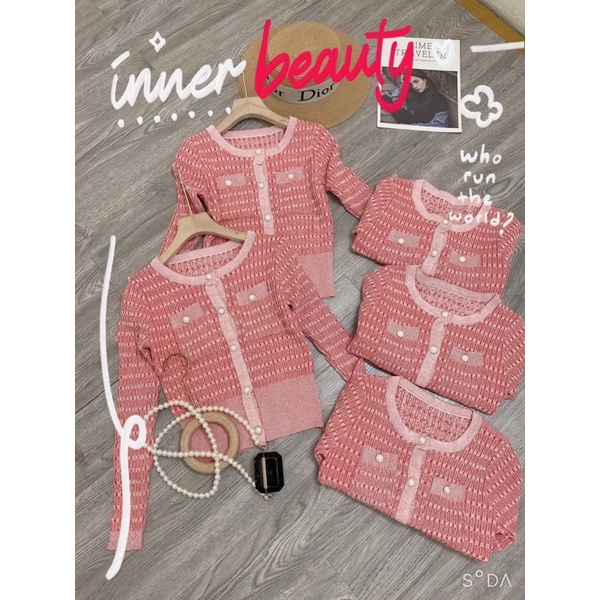 [Ảnh thật/Video]Áo cadigan mongtogi Hồng dài tay đính ngọc ngắn tay Áo len Hàn Quốc sang chảnh