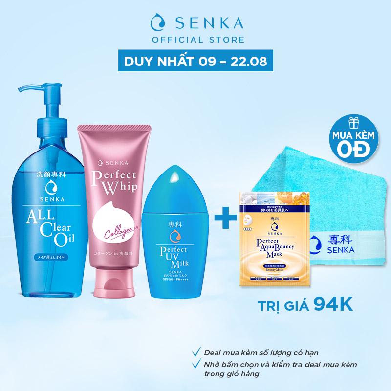 Bộ sản phẩm Senka Làm Sạch Sâu Chống Nắng Ngăn Lão Hóa (A.L.L Clear Oil 230ml + PW Collagen In 120g + UV Milk 40ml) | BigBuy360 - bigbuy360.vn