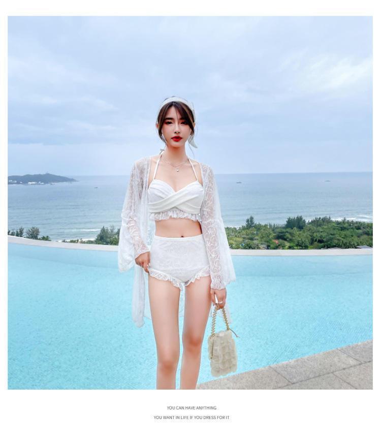 Set Đồ Bơi Áo Tay Dài + Quần Lưng Cao Màu Trắng Phong Cách Hàn Quốc | BigBuy360 - bigbuy360.vn