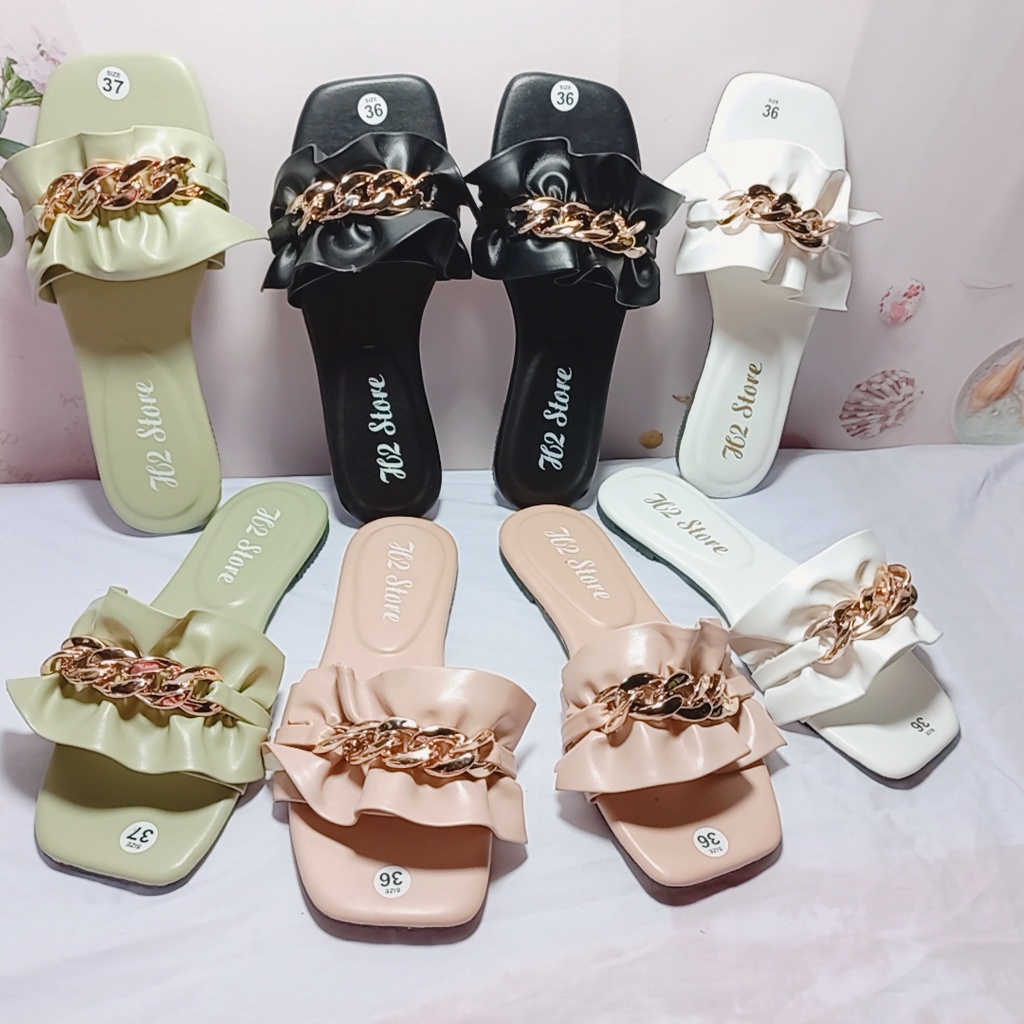 Dép nữ đế bệt mũi vuông quai ngang nhún nhúm phối xích mẫu mới độc đáo mã DNPX MINHTUYETSHOES