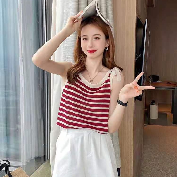 SUXI Áo Tank Top Dệt Kim Dáng Rộng Sát Nách Kẻ Sọc Đính Nơ Thời Trang Mùa Hè Cho Nữ
