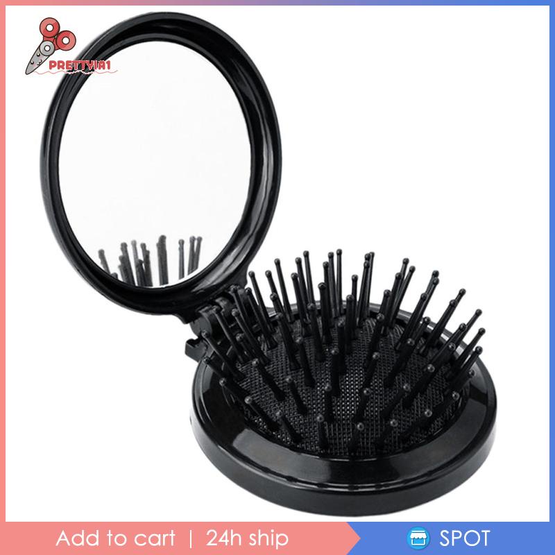 Lược Chải Tóc Kèm Gương Tròn Màu Đen Chống Tĩnh Điện Prettyia1