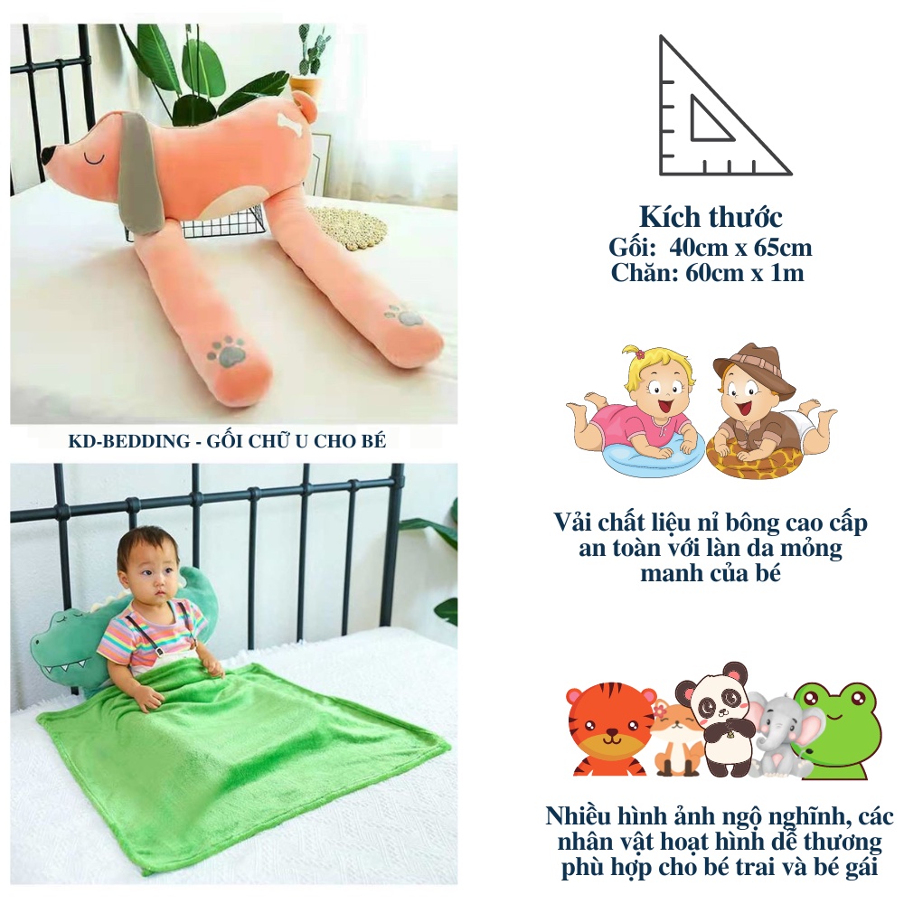 Gối chặn chữ u đa năng cho bé, gối ôm cho bé ngủ chống giật mình KD BEDDING chất nỉ siêu ấm kèm chăn nhung tuyết