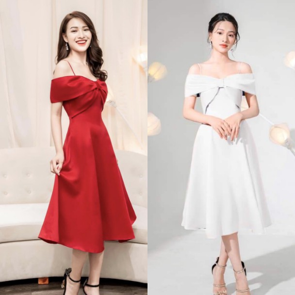 Đầm Dự Tiệc💖Đầm Nữ Thiết Kế Trễ Vai Nơ Ngực Siêu Đẹp K55 | BigBuy360 - bigbuy360.vn