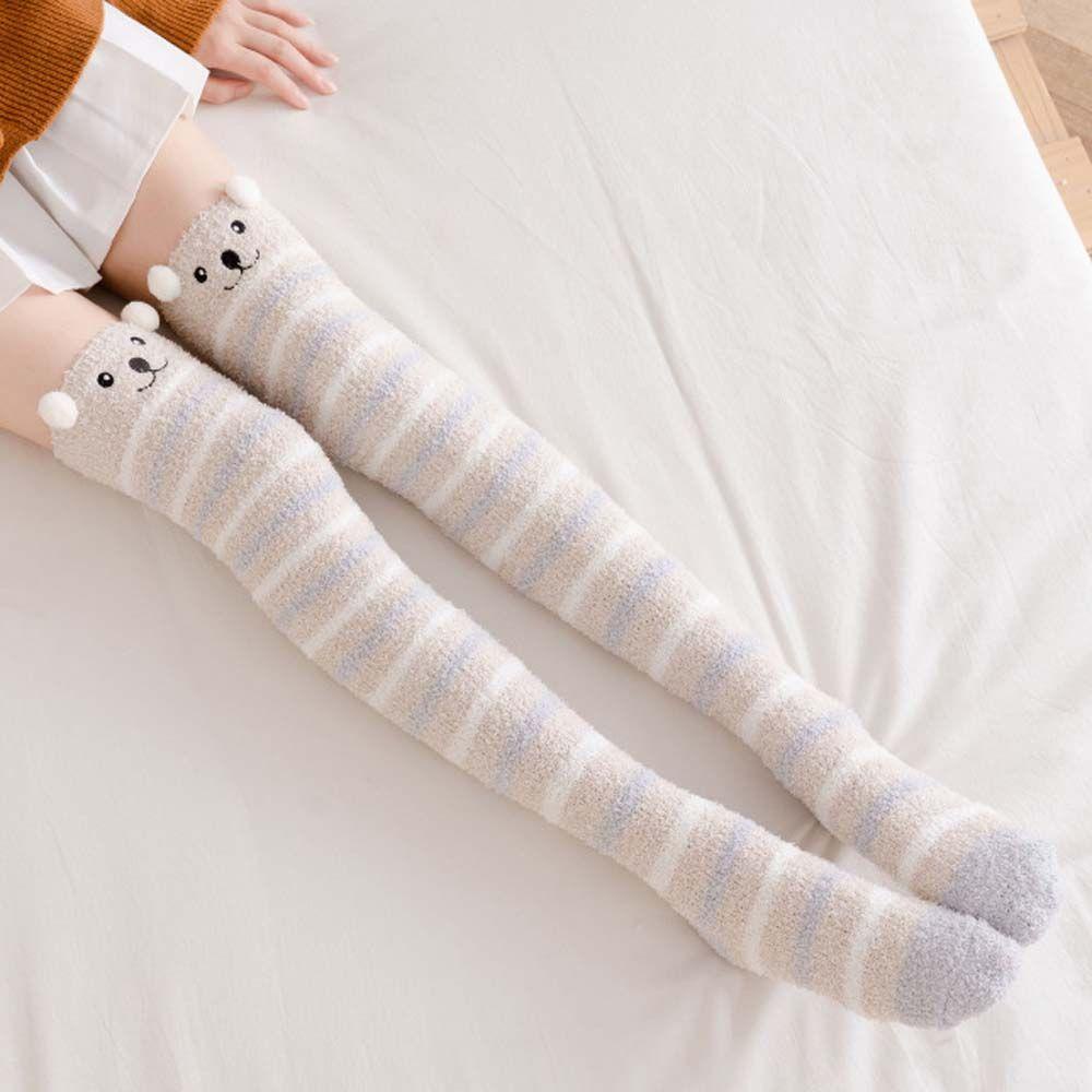 QQMALL Vớ Lông Cừu San Hô Kẻ Sọc Hình Gấu Trúc Hoạt Hình Phong Cách Lolita Dễ Thương Cho Nữ Sinh