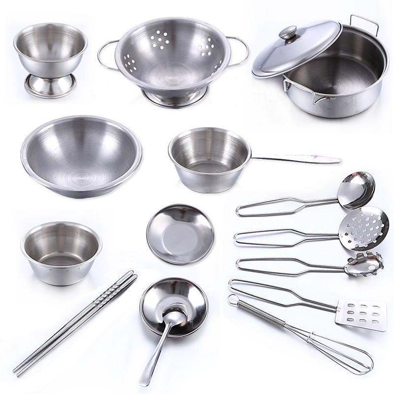 Set 16 dụng cụ nấu ăn đồ chơi bằng inox cho bé