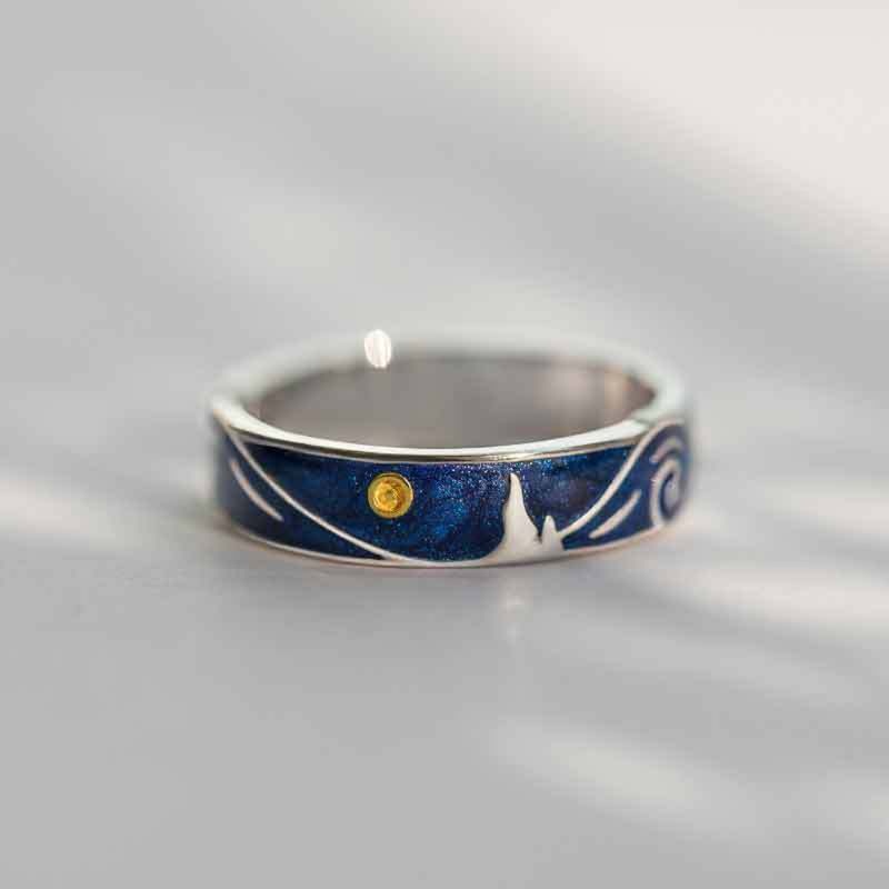 Nhẫn cặp đôi phong cách cổ điển Van Gogh Starry Sky cho cặp đôi mạ có thể điều chỉnh