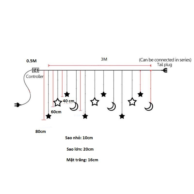 Rèm Đèn Led Chống Nước Dài 3.5M Thả Xuống 12 Đèn Led Trăng Sao Trang Trí Ngoài Trời Noel Lễ Tết Sân Vườn