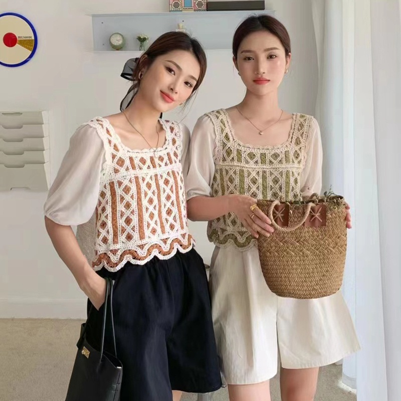 Brroa Áo Croptop Dệt Kim Chiffon Tay Lửng Cổ Vuông Phối Màu Tương Phản Kiểu Pháp Cho Nữ