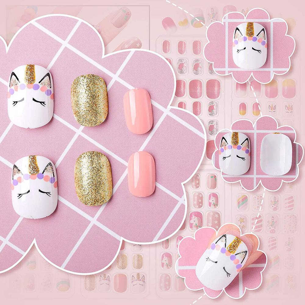 Set 24 móng tay giả đầu tròn dáng ngắn che phủ toàn bộ tháo rời được acrylic họa tiết kỳ lân cho trẻ em