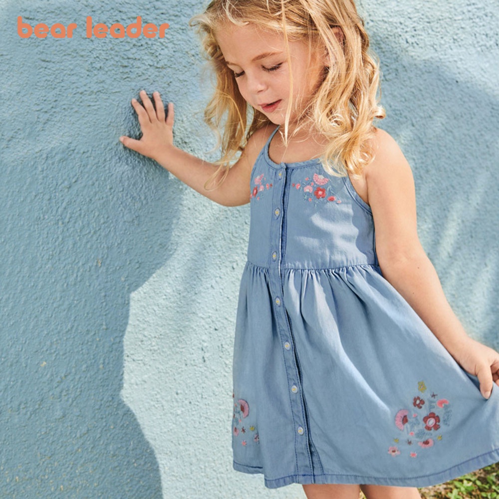 Đầm hai dây BEAR LEADER vải denim thời trang mùa hè mới dành cho bé gái 2-7 tuổi