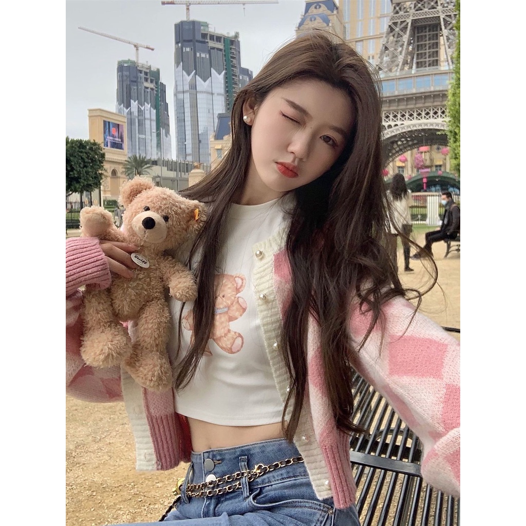 Áo Khoác Cardigan Họa Tiết Kẻ Ô Vuông Đính Ngọc Trai Thời Trang Mùa Đông 2022 Mới Cho Nữ