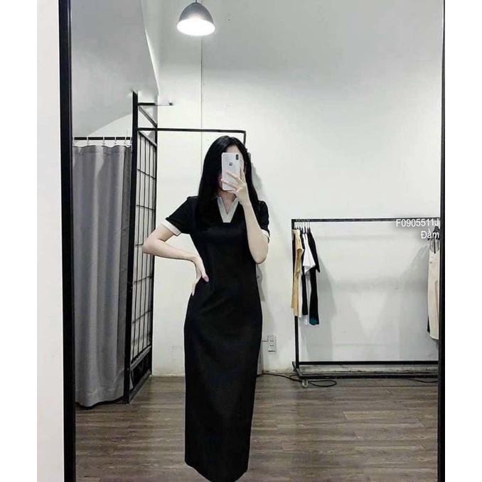 Đầm thun đen ôm body phối cổ bẻ trắng tay con