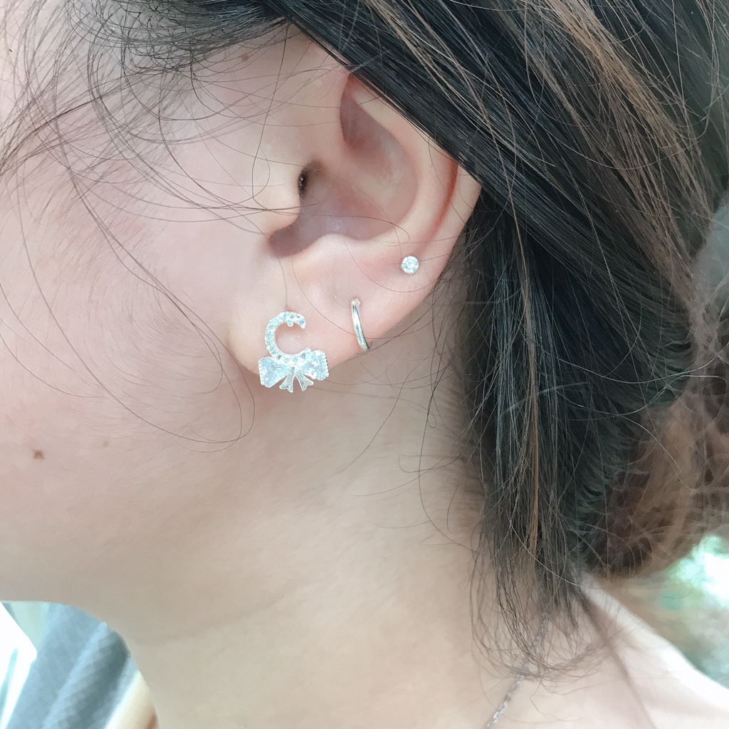 Khuyên Tai Bạc Ta CaoBac Jewellery Cho Nữ Đính Đá Nổi Bật Hoạ Tiết Nơ Sáng Lấp Lánh Sang Trọng