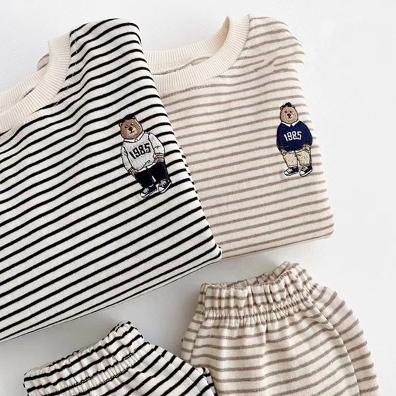 Set Đồ Thể Thao Hai Mảnh Gồm Áo Sweater Kẻ Sọc Và Quần Dài In Hình Gấu Hoạt Hình Phong Cách Hàn Quốc Thời Trang Xuân Thu Cho Bé Gái 80VC