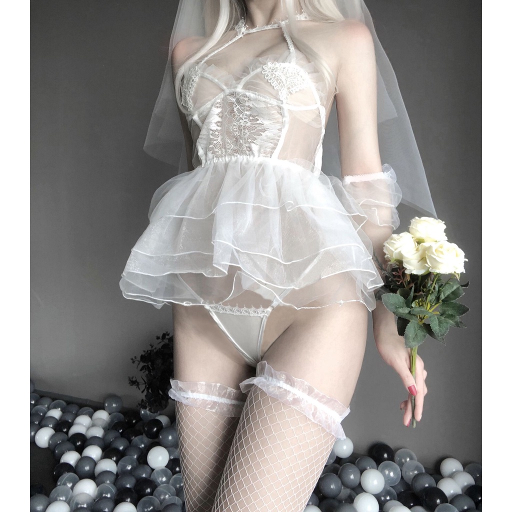 Đồ ngủ sexy đồ ngủ nữ cosplay cô dâu sexy ren lưới hoa văn màu trắng freesize QUENQUEN store b5 | BigBuy360 - bigbuy360.vn