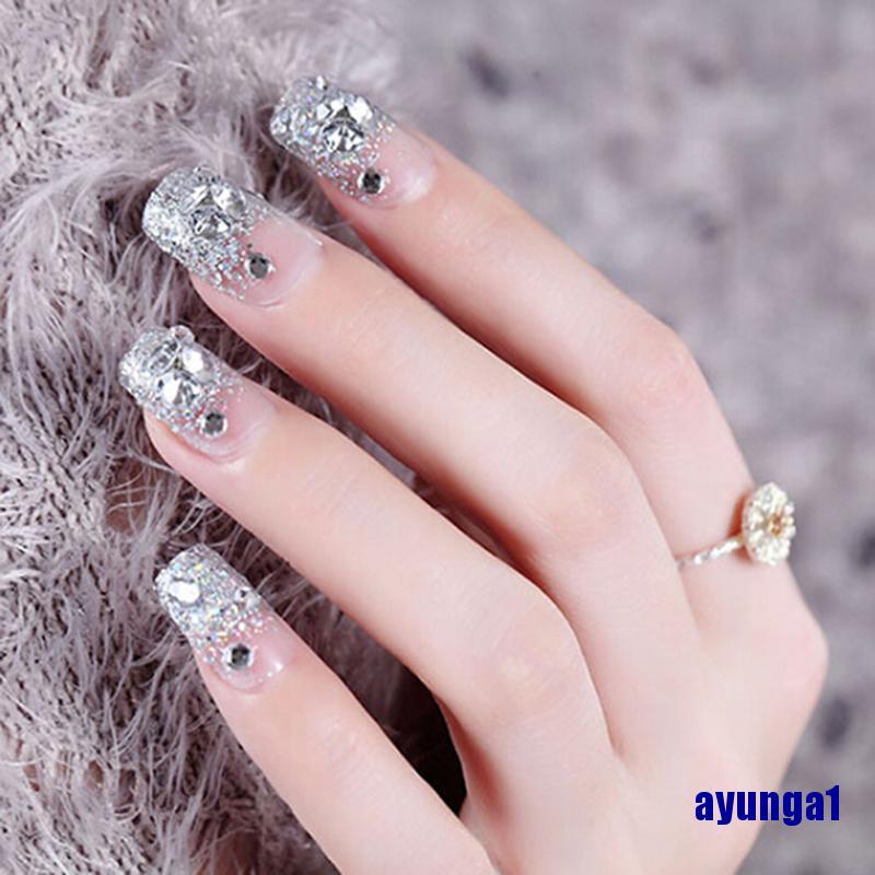 [Hàng mới về] Bộ 24 móng tay giả đính đá màu bạc phong cách pháp