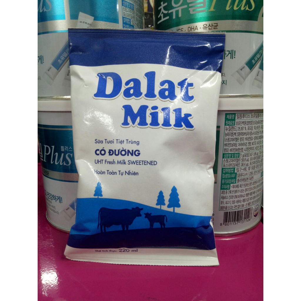 Combo 10 túi sữa Có đường/Không đường/Ít đường Dalat Milk 220ml/túi