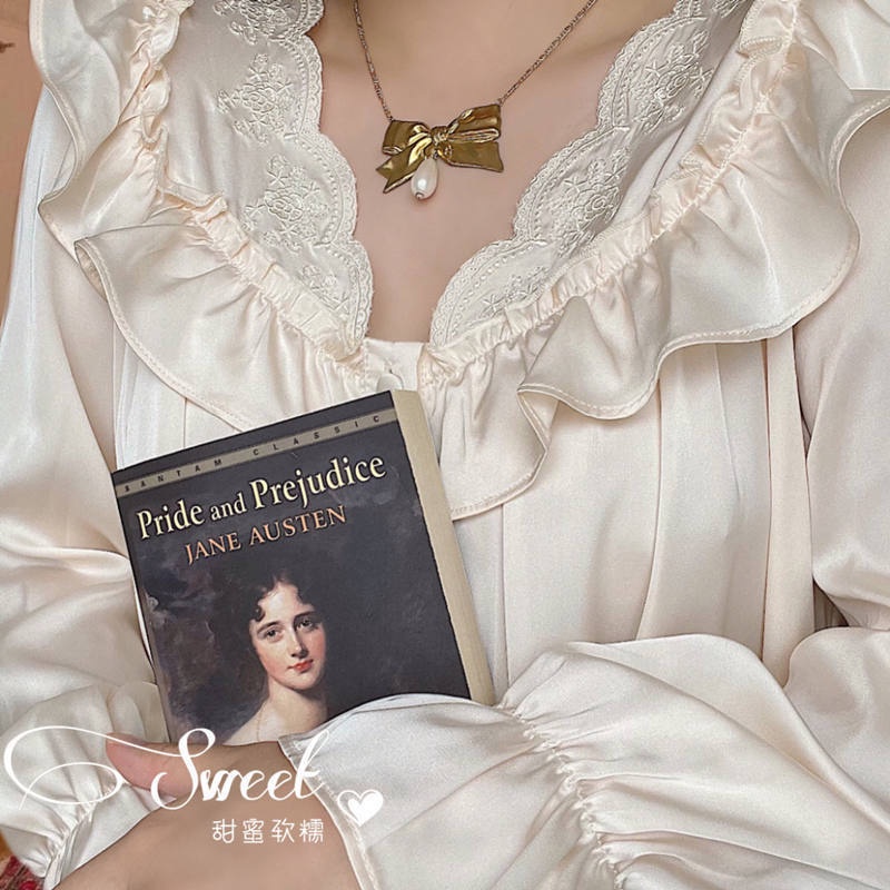 Cổ Phiếu Sẵn Sàng❣Ah F &amp; X Đầm Ngủ Công Chúa Mặc Nhà Tay Dài Vải Lụa Mềm Ngọt Ngào Thời Trang Mùa Thu Kiểu Pháp