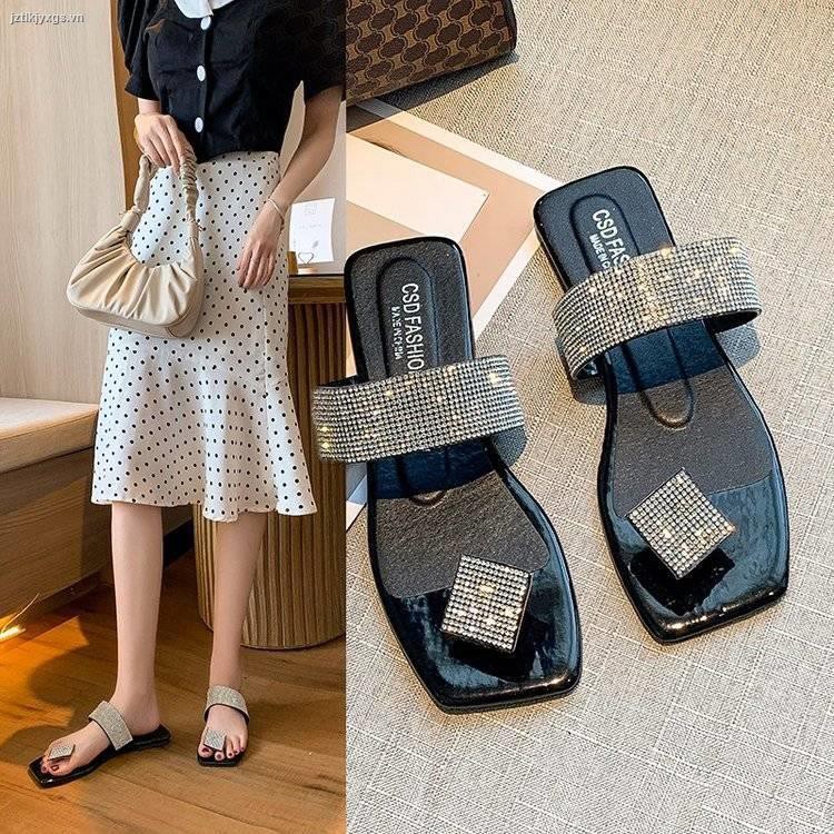 ☢ large size slippers female summer new fashion outer wear rhinestone flip flops flat sandals beach ins Korean version of wild tide