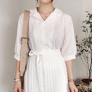 Đầm midi màu trắng cổ vest dập li, váy công chúa dự tiệc (kèm hình thật)