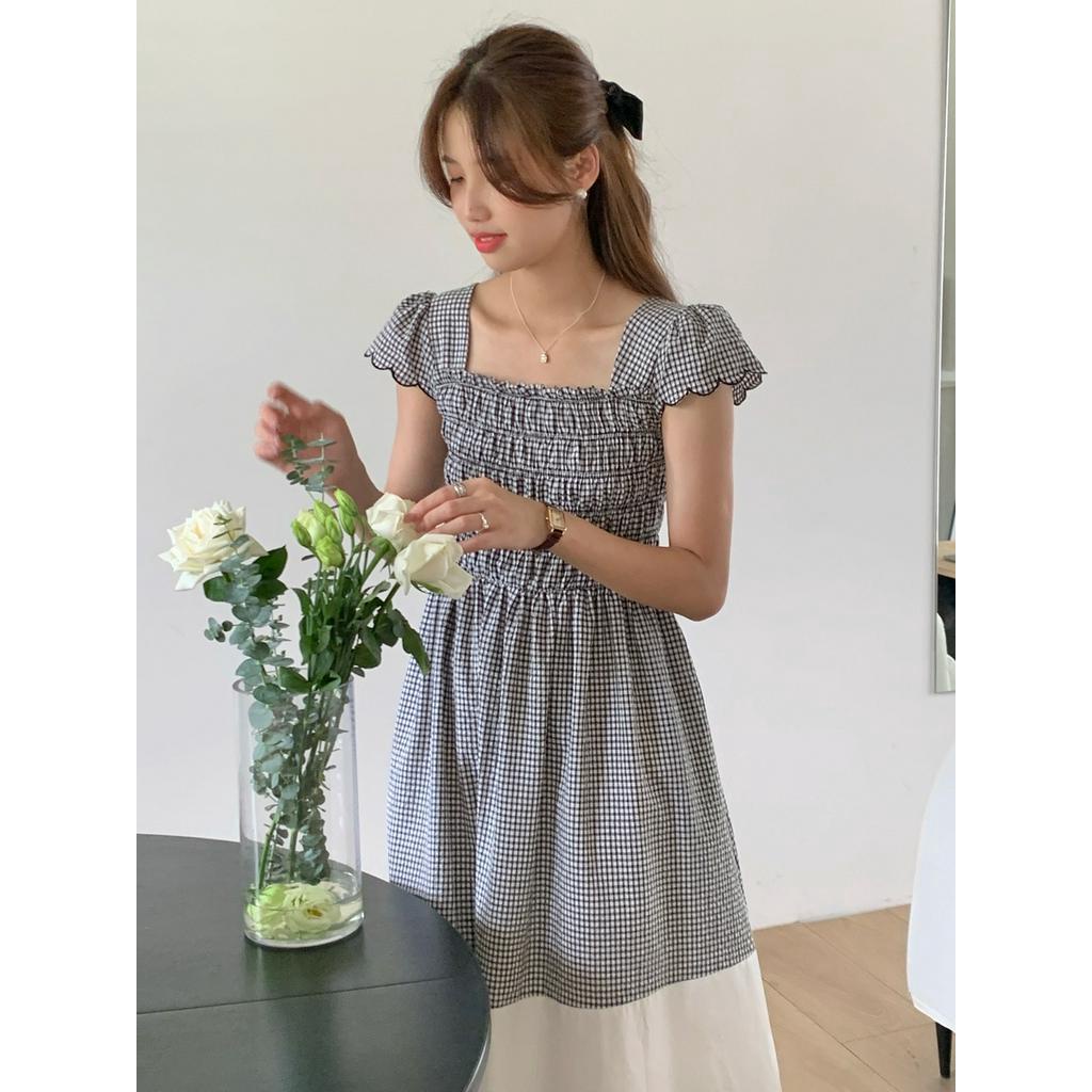 Đầm Sọc Ca Rô Ngắn Tay Phối Màu Tương Phản Thời Trang Mùa Hè Mới 63307