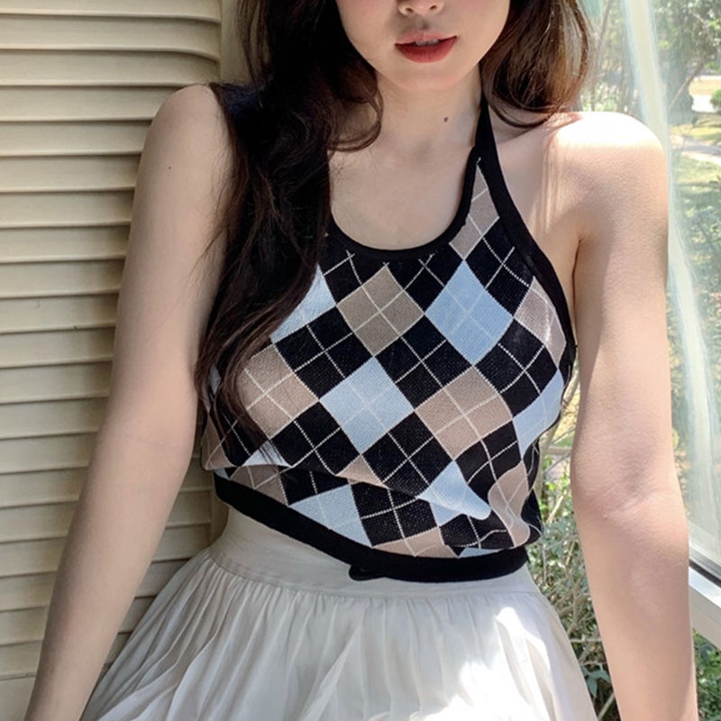 QKOOLE  Áo Dệt Kim Hai Dây Họa Tiết Sọc Caro Phong Cách Hàn Quốc