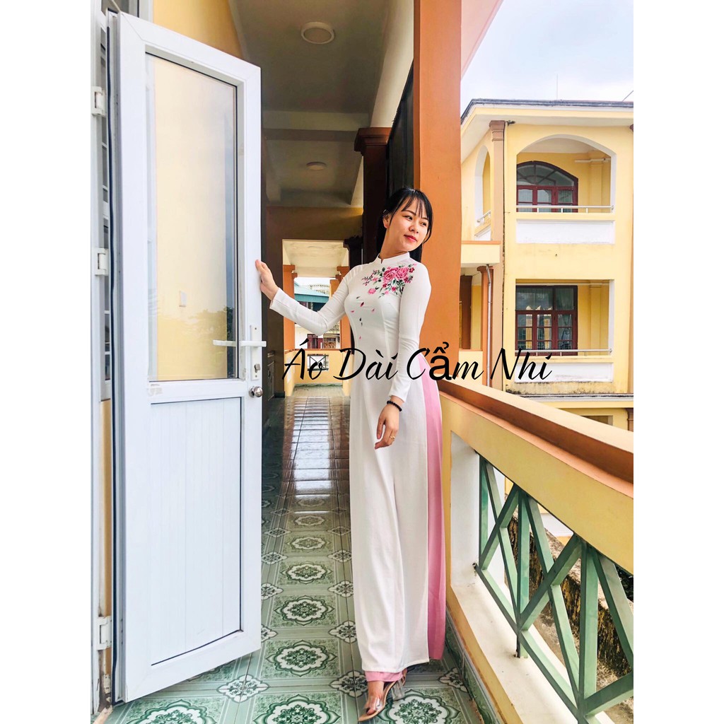 Áo Dài thiết kế, áo dài Trắng thêu hoa-mã t4