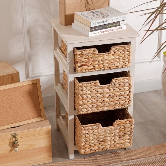 Kệ gỗ trắng 3 tầng kèm giỏ lục bình BAMBOOO ECO trang trí nhà cửa phong cách Nhật Bản