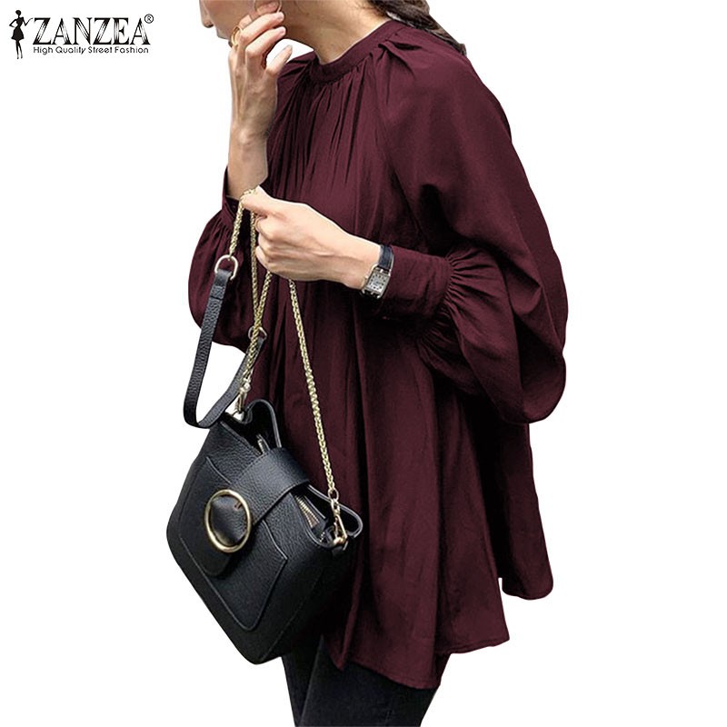 Áo Kiểu ZANZEA Tay Phồng Màu Trơn Phong Cách Vintage Cho Nữ