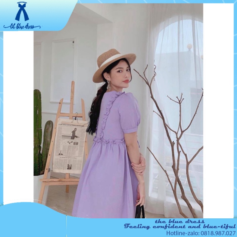 ✨QUẢNG CHÂU✨ Đầm tím babydoll - MSA836 🔥FREESHIP🔥 lady xanh cotton cổ V vuông tay phồng chiết eo cao dáng xòe