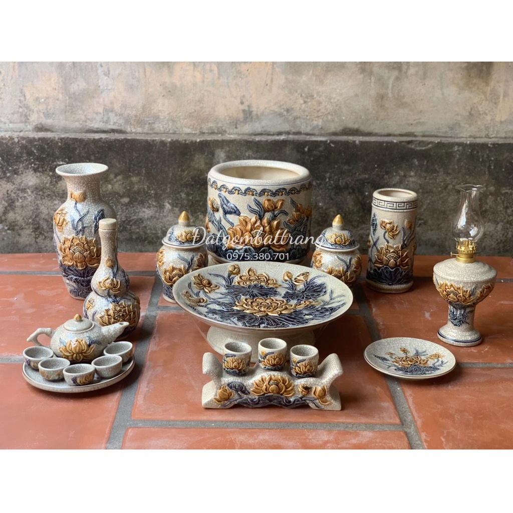 Đồ Thờ Cúng - Bộ thờ cúng men rạn đắp nổi gốm sứ Bát Tràng