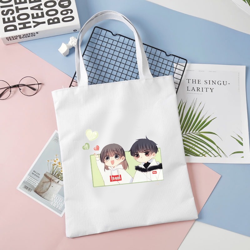 Túi tote vải trắng đeo vai in hình CON TIM RUNG ĐỘNG anime chibi manhua tiện lợi thời trang