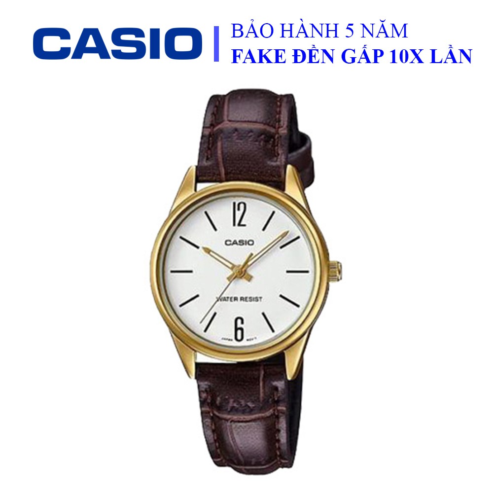 Đồng hồ Casio nữ dây da thể thao, mặt trắng viền vàng sang trọng, chống nước WR30M đi bơi (LTP-V005GL-7BUDF)