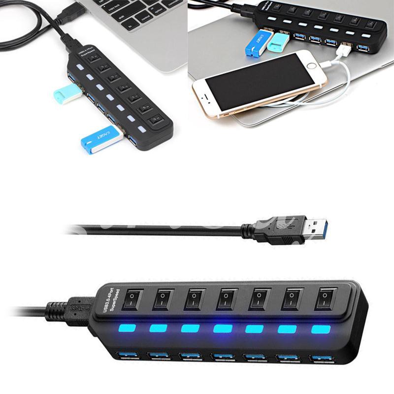 7 Port USB 3.0 Cable Splitter Adapter Hub With On/Off Switch For PC Mac Laptop