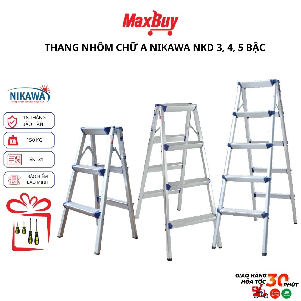 Thang nhôm chữ a 3 4 5 bậc gấp gọn cao cấp Nikawa nhập khẩu Nhật Bản, bảo hành 18 tháng MAXBUY NKD