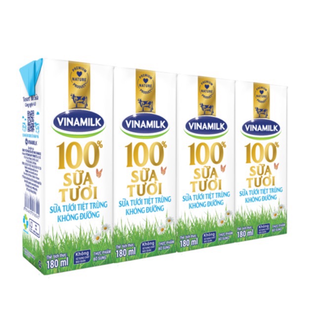 Sữa tươi tiệt trùng Vinamilk 100% Không Đường - Lốc 4 Hộp x 180ml( giá bán trừ khuyến mãi)